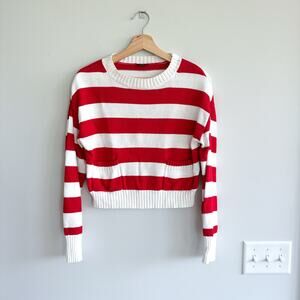 Express Knit Cropped Striped Sweater Red White XS